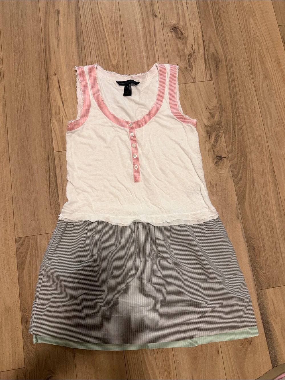 Marc by Marc Jacobs White Tank Dress with Pink Trim and Gray Striped Skirt